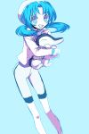  1girl alt_(apou) bangs bike_shorts blue_background blue_hair crystal_(pokemon) cyndaquil hat holding hug pokemon pokemon_(game) pokemon_gsc smile twintails 