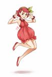  1girl bangs bare_arms bracelet dress food_themed_clothes full_body green_eyes hair_bow hairband jewelry jumping meago necklace original personification raspberry red_hair rough short_hair signature simple_background solo swept_bangs tongue tongue_out white_background 