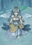  aishiro22 angel_wings anklet aqua_eyes armor barefoot bracelet circlet corset curly_hair dress feet green_hair hair_ribbon headdress highres jewelry kneeling long_hair necklace original ribbon toes tombstone tree wings 