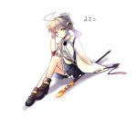  ahoge belt cosplay hair_ribbon hand_on_headphones headphones japanese_clothes kariginu long_sleeves mononobe_no_futo no_hat no_headwear ponytail ribbon scabbard sheath shirt silver_hair sitting skirt solo sword touhou toyosatomimi_no_miko toyosatomimi_no_miko_(cosplay) weapon wide_sleeves yellow_eyes yetworldview_kaze 