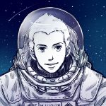  astronaut helmet male monochrome nanba_hibito portrait science_fiction shooting_star space spacesuit spiked_hair spiky_hair star_(sky) uchuu_kyoudai 