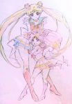  bishoujo_senshi_sailor_moon boots chibi_usa colored_pencil_(medium) don_bee full_body looking_back multiple_girls sailor_chibi_moon sailor_collar sailor_moon skirt smile super_sailor_chibi_moon super_sailor_moon traditional_media tsukino_usagi twintails 