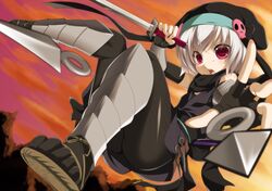  &gt;:o fingerless_gloves gloves hachisuka_goemon hat highres holding kunai mino106 oda_nobuna_no_yabou open_mouth pantyhose red_eyes sandals short_hair silver_hair solo sword throwing weapon 