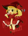  alternate_costume blonde_hair candy character_name chibi fang flandre_scarlet hat lollipop misaki_(1n1m) open_mouth red_background red_eyes side_ponytail simple_background smile solo touhou witch_hat 