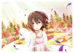  1girl brown_hair church dress dutch_angle flower forest grass highres inaba_himeko jewelry kokoro_connect looking_down monaral-jiro nature necklace open_mouth path petals pine_tree pov red_eyes short_hair solo sunbeam sunlight surprised teardrop tears tree wind 