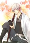  arima_(iro_rabbit) bridal_gauntlets gintama highres japanese_clothes katana red_eyes sakata_gintoki sheath sheathed silver_hair solo sword weapon white_hair 