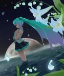  aqua_hair bare_shoulders closed_eyes eyes_closed flower full_moon hatsune_miku highres hobby_(kento) long_hair moon partially_submerged petals skirt solo standing twintails very_long_hair vocaloid water wind 