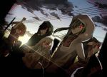  black_hair blurry brown_hair cloud dutch_angle everyone fist_pump glowing glowing_eyes green_hair grin group hand_on_hip highres hoodie jacket kagerou_project kano_(kagerou_project) kido_(kagerou_project) kisaragi_momo long_hair looking_away mary_(kagerou_project) mekakushi_code_(vocaloid) red_eyes seto_(kagerou_project) short_hair smile vocaloid white_hair wink 