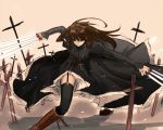  black_keys boots brown_hair cassock cross cross-laced_footwear cross_necklace dual_wielding fate/stay_night fate/zero fate_(series) field_of_blades fighting_stance garter_straps genderswap knee_boots kotomine_kirei lace-up_boots long_hair long_skirt nagoneharuki planted_sword planted_weapon skirt solo sword thigh-highs thighhighs weapon 