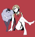  animal barefoot brown_hair character_request crossed_legs male red_background serow shiro_(reptil) short_hair simple_background sitting solo tennis_no_ouji-sama 