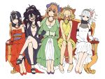  animal_ears bare_shoulders black_hair blue_hair blush brown_hair center_opening cleavage couch crossed_legs detached_sleeves dog_ears dress earrings green_eyes hoop_earrings horns jewelry legs_crossed looking_away multiple_girls open_mouth original pointy_ears red_eyes silver_hair sitting smile yanagida_shita yellow_eyes 