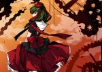  bow dress green_eyes green_hair hair_bow hair_ornament hair_ribbon kagiyama_hina long_hair looking_at_viewer ribbon ribbons short_sleeves sindre skirt solo standing touhou 