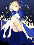  bad_id blonde_hair blue_eyes boots butterfly cleavage_cutout dress fate/stay_night fate_(series) flower glowing hair_ribbon highres kantaro1029 ribbon saber solo thigh-highs thigh_boots thighhighs 