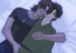  black_eyes black_hair brown_eyes brown_hair cross cross_necklace dakimakura_(object) emiya_kiritsugu facial_hair fate/stay_night fate_(series) japanese_clothes jewelry kimono kotomine_kirei natsu_yasai necklace pillow smile stubble yaoi 