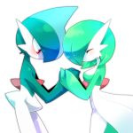  blush breasts closed_eyes creature flower gallade gardevoir green_hair hair_over_one_eye highres holding_hands lemoco99 no_humans no_mouth pokemon pokemon_(creature) red_eyes rose shadow smile sweat white_background 