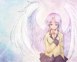  angel_beats! angel_wings blazer closed_eyes feathered_wings gradient graphite_(medium) hand_on_own_chest lavender_hair long_hair multicolored_background saban school_uniform sketch skirt solo tachibana_kanade tachibana_kanade title_drop traditional_media white_hair wings 
