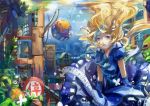  blonde_hair blue_eyes bubble bubbles building cityscape dlkdhy dress floating_hair flower highres lantern long_hair open_mouth original solo sunlight underwater 