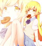  bakemonogatari blonde_hair blush doughnut holding long_hair monogatari_(series) nisemonogatari oshino_shinobu peanuts_(ennuim) pointy_ears school_uniform sitting skirt solo yellow_eyes zoom_layer 