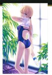 1girl absurdres artoria_pendragon_(all) ass backless_swimsuit bangs blonde_hair blue_swimsuit bottle breasts competition_swimsuit drying eyebrows eyebrows_visible_through_hair eyelashes eyelashes_visible_through_hair eyes eyes_visible_through_hair fate/stay_night fate/zero fate_(series) feet_out_of_frame female_ass from_behind green_eyes highleg highleg_swimsuit highres holding_towel holding_water_bottle long_bangs long_hair looking_back medium_breasts one-piece_swimsuit saber solo swimsuit takeuchi_takashi thighs towel water_bottle wet white_towel