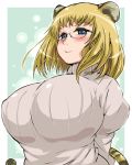  animal_ears arms_behind_back blonde_hair blue_eyes blush breasts eyebrows glasses highres huge_breasts light_smile nomiya37564 original ribbed_sweater short_hair solo sweater tail thick_eyebrows tiger_ears tiger_tail turtleneck 
