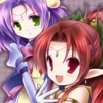  expressionless gloves green_eyes grey_background long_hair lowres multiple_girls natasha_(shining_force_cd) pointy_ears ponytail purple_hair red_eyes red_hair redhead shining_(series) shining_force_cd smile wendy_(shining_force_cd) yurikago 
