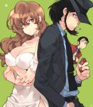  2boys annoyed arsene_lupin_iii back-to-back beard black_eyes black_hair bracelet breasts brown_eyes brown_hair choker cigarette cigarette_box cleavage dress erect_nipples facial_hair fingernails fingers formal green_background hand_in_pocket hat jewelry jigen_daisuke large_breasts long_fingernails long_hair lupin_iii mine_fujiko multiple_boys necktie orange_eyes short_hair side_slit sideburns simple_background star strapless_dress suit sweatdrop toujou_sakana white_dress 