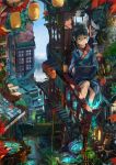  black_hair blue_eyes braid building cityscape computer dlkdhy highres lantern laptop leaf mountain original short_hair sitting solo traditional_clothes 