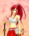  1girl bow breasts brown_eyes collarbone dual_wielding erza_scarlet fairy_tail female hair_bow hakama highres japanese_clothes kingyo_(984) large_breasts long_hair midriff navel ponytail red_hair redhead sarashi smile solo sword tattoo weapon 