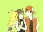  1boy 1girl bangs baseball_cap black_dress black_hair blue_(pokemon) blue_(pokemon)_(classic) brown_hair couple dress embarrassed fingerless_gloves gloves green_background hat long_hair pikachu pokemon pokemon_(creature) pokemon_(game) pokemon_rgby red_(pokemon) red_(pokemon)_(classic) shy taoru_(t_kiji) 