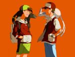  1boy 2boys bangs baseball_cap black_hair espeon fingerless_gloves glaring gloves gold_(pokemon) hat holding holding_poke_ball jacket orange_background poke_ball pokemon pokemon_(creature) pokemon_(game) pokemon_gsc red_(pokemon) red_(pokemon)_(classic) shorts smile tail taoru_(t_kiji) umbreon 