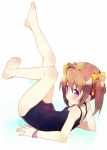  barefoot blush brown_hair feet hair_ribbon legs_up lying meito_(maze) mound_of_venus on_back original pink_eyes ribbon school_swimsuit solo swimsuit twintails 