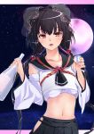  absurdres amasora_taichi black_hair blush bottle collarbone detached_sleeves highres holding light_particles long_hair looking_at_viewer midriff navel no_panties open_mouth original pink_moon red_eyes school_uniform serafuku sky solo star_(sky) starry_sky twintails 