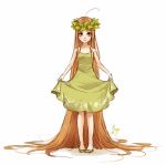  1girl ahoge bare_arms curtsey dress food_themed_clothes freckles full_body green_dress green_tea head_wreath light_brown_eyes light_brown_hair light_smile long_hair looking_at_viewer meago original personification rough signature simple_background solo very_long_hair white_background 