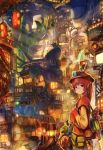  black_eyes building cityscape dlkdhy hat highres lantern mask original red_hair redhead short_hair solo traditional_clothes tree 