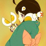  ahoge araragi_tsukihi black_hair bob_cut bottle fried_egg hair_ornament highres japanese_clothes kimono looking_back monaral-jiro monogatari_(series) nisemonogatari purple_eyes scissors short_hair solo tongue violet_eyes 