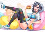  bikini black_hair blush breasts crossed_legs cup food food_on_face hamburger happa_(cloverppd) highres holding hoodie idolmaster kikuchi_makoto legs_crossed open_mouth pillow print_legwear purple_eyes short_hair sitting solo star star_print stuffed_animal stuffed_toy swimsuit teddy_bear thigh-highs thighhighs violet_eyes zipper 