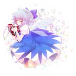  blue_hair bow cirno closed_eyes dress eyes_closed flower hair_bow heart hotmilkice ice ice_(aitsugai) ice_wings rose solo touhou wings wreath 