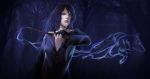  black_hair blue_eyes blue_hair cloak felice fingerless_gloves forest gloves harry_potter nature necktie night nymphadora_tonks realistic signature solo wand wavy_hair wolf 