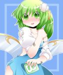  bandages bandaid blue_bra blue_dress blush bra breasts cleavage collarbone daiyousei dress fairy_wings green_eyes green_hair hammer_(sunset_beach) open_mouth puffy_sleeves short_hair short_sleeves side_ponytail smile solo strap_slip sweatdrop tears torn_clothes touhou underwear wings 