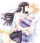  black_hair blonde_hair blush closed_eyes eyes_closed hairband hakuisei_ren&#039;ai_shoukougun hakuisei_ren'ai_shoukougun hand_on_shoulder hug kiss kiyonaka_rei long_hair lying multiple_girls mutual_yuri navel pillow sakai_sayuri sawai_kaori short_hair yuri 