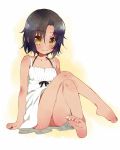 bare_shoulders barefoot black_hair blush brown_eyes collarbone crossed_legs dress feet legs_crossed meito_(maze) original sitting soles solo sundress toes wavy_mouth 