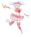  1boy 1girl bow character_request cosplay cure_melody cure_melody_(cosplay) frilled_skirt genderswap gintama hair_bow magical_girl maruki_(punchiki) midriff pink_legwear precure punchiki sakata_gintoki short_twintails silver_hair solo suite_precure thigh-highs thighhighs trap twintails 