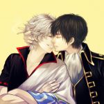  black_hair cigarette gintama hijikata_toushirou incipient_kiss japanese_clothes multiple_boys sakata_gintoki silver_hair simple_background twinklelinda90625 yaoi yellow_background 