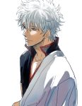  gintama japanese_clothes red_eyes sakata_gintoki shaku_(gekirin) silver_hair simple_background smile solo white_background white_hair 
