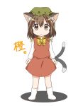  1girl :3 animal_ears blush brown_eyes brown_hair cat_ears cat_tail character_name chen child hat looking_at_viewer mikan_imo multiple_tails solo tail touhou white_background 