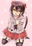  :d black_hair black_legwear blush bow cat_tail collarbone colored double_bun fang garter_straps glasses hair_bow hair_ornament hairclip holding hoodie jewelry maruki_(punchiki) monochrome open_mouth original paw_print punchiki ring sitting skirt smile solo tail thigh-highs thighhighs yamasuta yellow_eyes 
