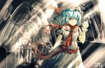  absurdres artist_request bat_wings blue_hair gensou_kuro_usagi hat hat_ribbon highres polearm puffy_sleeves red_eyes remilia_scarlet ribbon scarf short_hair solo spear sunlight touhou weapon wings 
