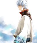  gintama highres japanese_clothes profile red_eyes sakata_gintoki silver_hair smile solo violetcoral 