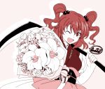  ;d aiming_at_viewer bouquet english flower hair_bobbles hair_ornament hands ikuya_koimori monochrome onozuka_komachi open_mouth over_shoulder pink short_hair smile solo touhou twintails weapon weapon_over_shoulder wink 