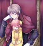  1girl brown_hair bun_cover cape child double_bun gintama gloves kagura_(gintama) maruki_(punchiki) okita_sougo orange_hair punchiki raincoat red_eyes short_hair sitting sitting_on_lap sitting_on_person sleeping throne time_paradox white_gloves wink young 